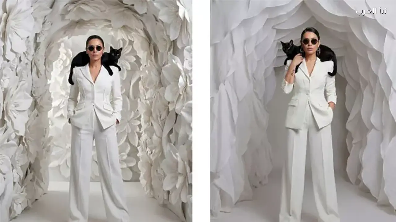 لقاء الخميسي تتألق ببدلة بيضاء مع قطة سوداء والجمهور يتفاعل